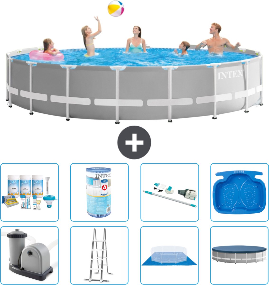 Intex Rond Prism Frame Zwembad - 548 x 122 cm - Grijs - Inclusief Pomp - Ladder - Grondzeil - Afdekzeil Onderhoudspakket - Filter - Stofzuiger - Voetenbad