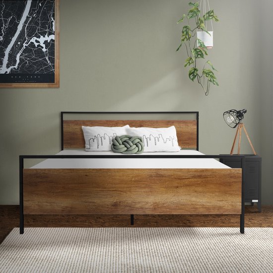 Metalen bed Bedframe met lattenbodem 140x200 cm zwart met houten hoofdbord & voeteneind ML design