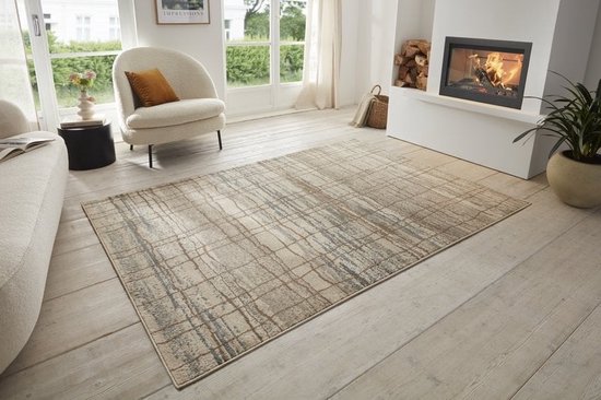 Flycarpets Terrain Designer Laagpolig vloerkleed - Jord - Crème / Blauw - 240x340 cm