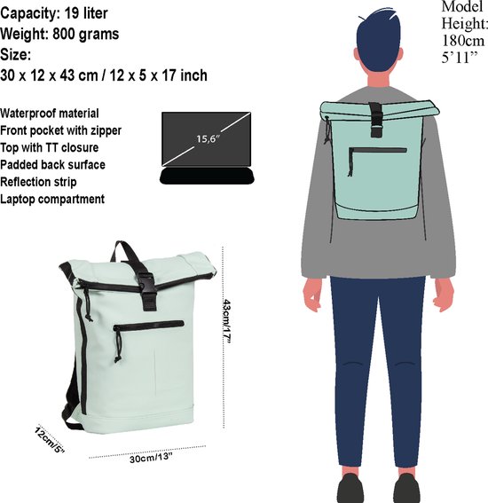 New Rebels Waterafstotende Rolltop Rugzak met Laptopvak 15'' Mart Mint