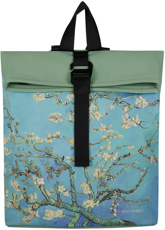 Lichtgroene rugzak met rolltop sluiting, bedrukt met Van Goghs Amandelbloesem.