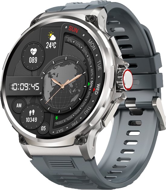 Close-up van een zilverkleurige smartwatch met grijze band en een wijzerplaat met wereldbol.