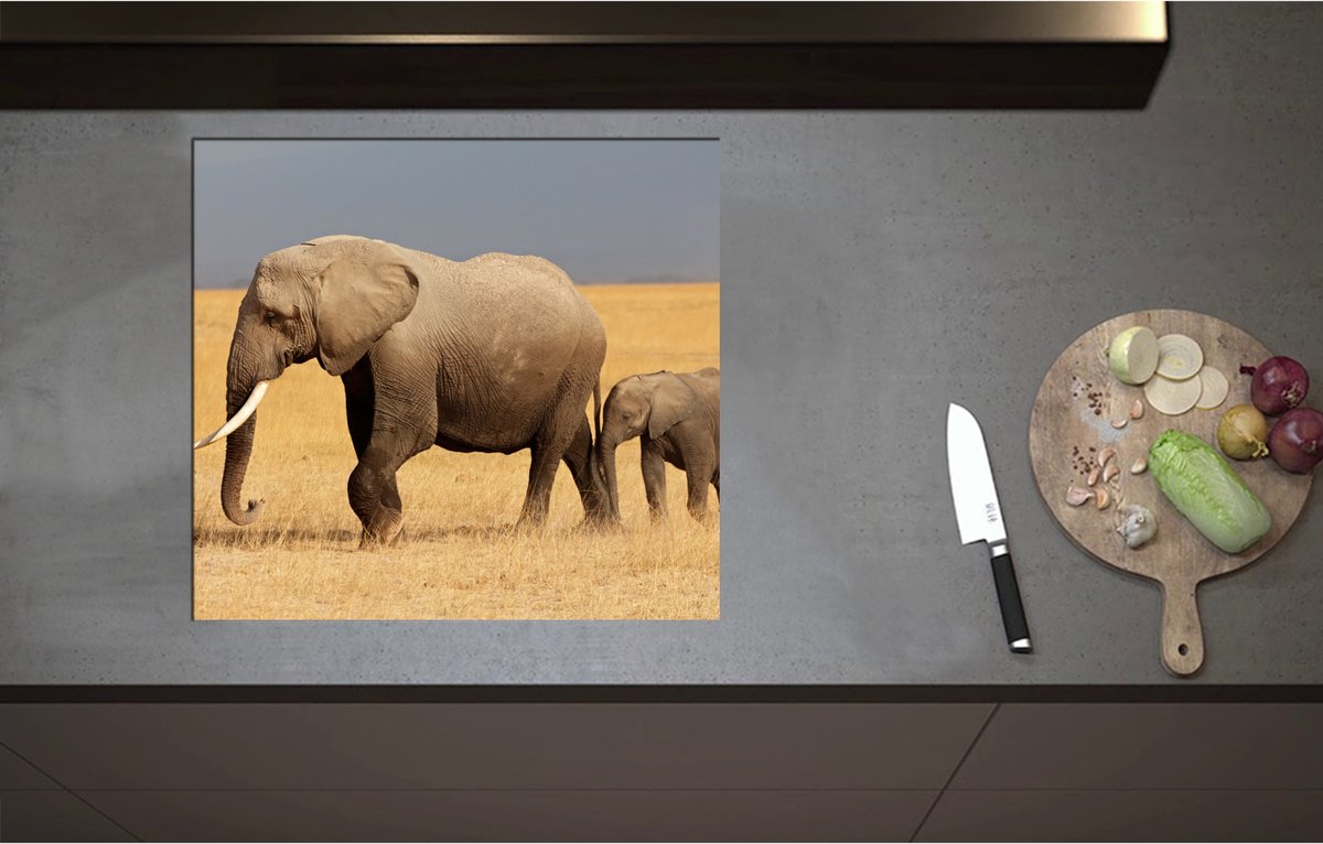 Inductieplaat Beschermer - Afrikaanse Olifant met Baby Olifantje - 60x55 cm - 2 mm Dik - Inductie Beschermer - Bescherming Inductiekookplaat - Kookplaat Beschermer van Zwart Vinyl