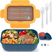 Lunchbox met vakken, 1250 ml, broodtrommel voor volwassenen, lunchtrommel voor kinderen, met bestek, lunchbox, broodtrommel, lekvrij, snackbox, ontbijtbox, lunchbox (Bule)