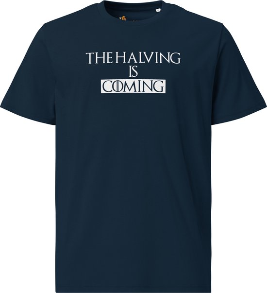 The Halving Is Coming - Unisex - 100% Biologisch Katoen - Kleur Marine Blauw - Maat 2XL | Bitcoin cadeau| Crypto cadeau| Bitcoin T-shirt| Crypto T-shirt| Crypto Shirt| Bitcoin Shirt| Bitcoin Merch| Crypto Merch| Bitcoin Kleding