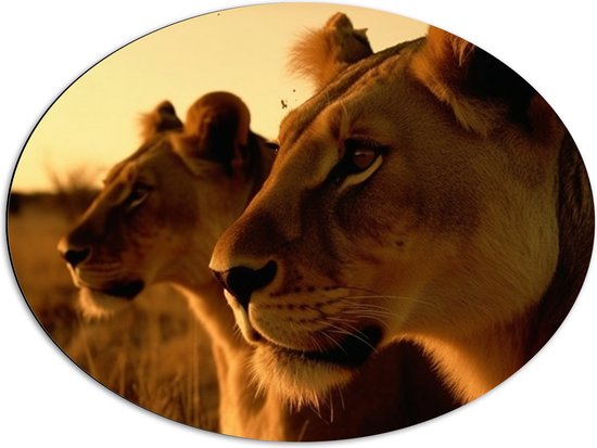 Dibond Ovaal - Leeuwen - Dieren - Wild - Natuur - 80x60 cm Foto op Ovaal (Met Ophangsysteem)