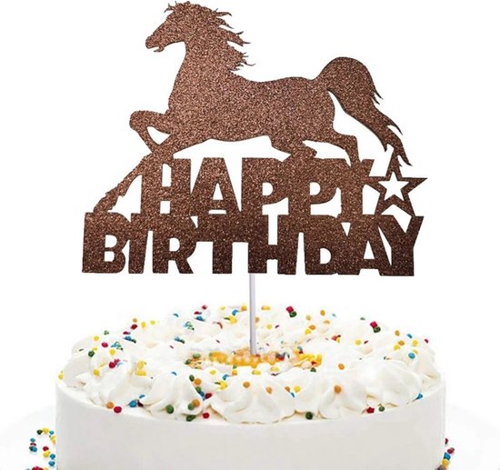 Bruine glitter 'Happy Birthday' taarttopper met een paard en ster.