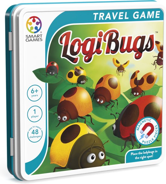 Emballage du jeu de voyage LogiBugs avec des images de coccinelles jaunes, orange et rouges sur fond vert.