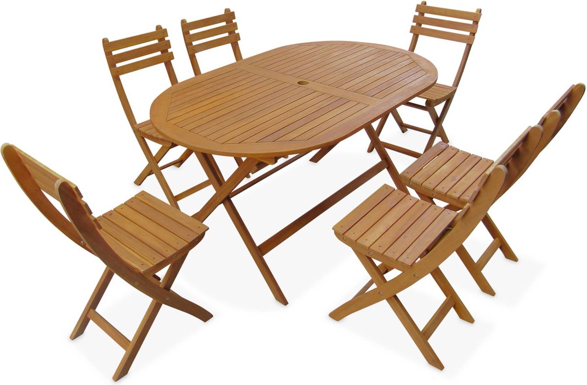 sweeek - Opvouwbare ovalen acaciahouten tuintafel, met 6 stoelen