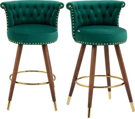 Merax Velvet Barkrukken 360° Draaibaar - Retro Barkruk Set van 2 - Barstoel met Voetensteun - Emerald Groen met Goud