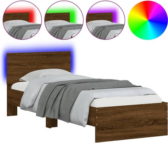 vidaXL - Bedframe - met - hoofdbord - en - LED - bruin - eikenkleur - 75x190 - cm