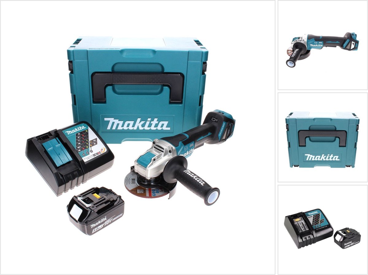 Makita DGA 519 RT1J Accu haakse slijper 18 V 125 mm Brushless X-Lock + 1x oplaadbare accu 5.0 Ah + lader + Makpac