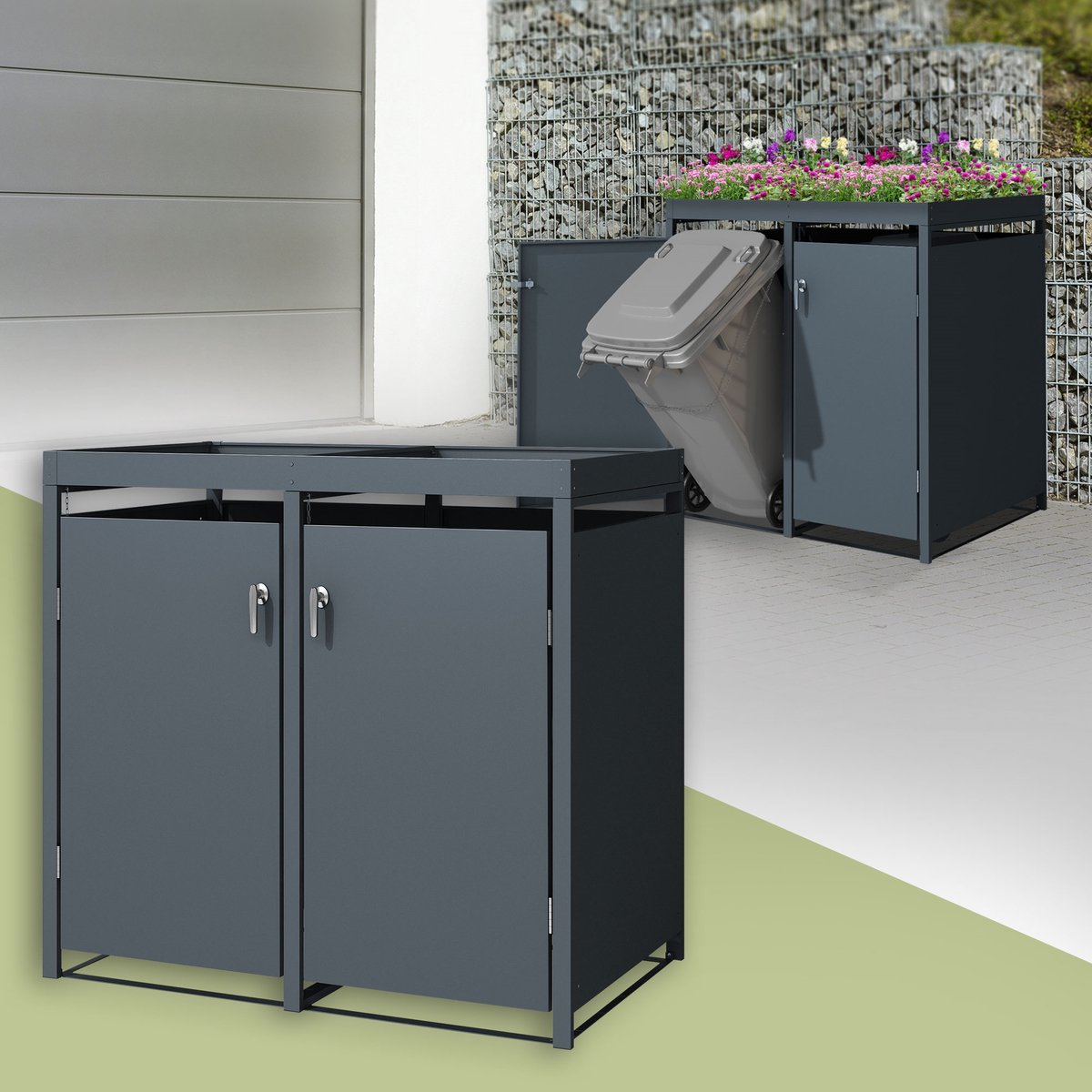 Kliko ombouw, Container ombouw met plantendak 2er tot 240L 132x80x124 cm gemaakt van staal in antraciet ML design