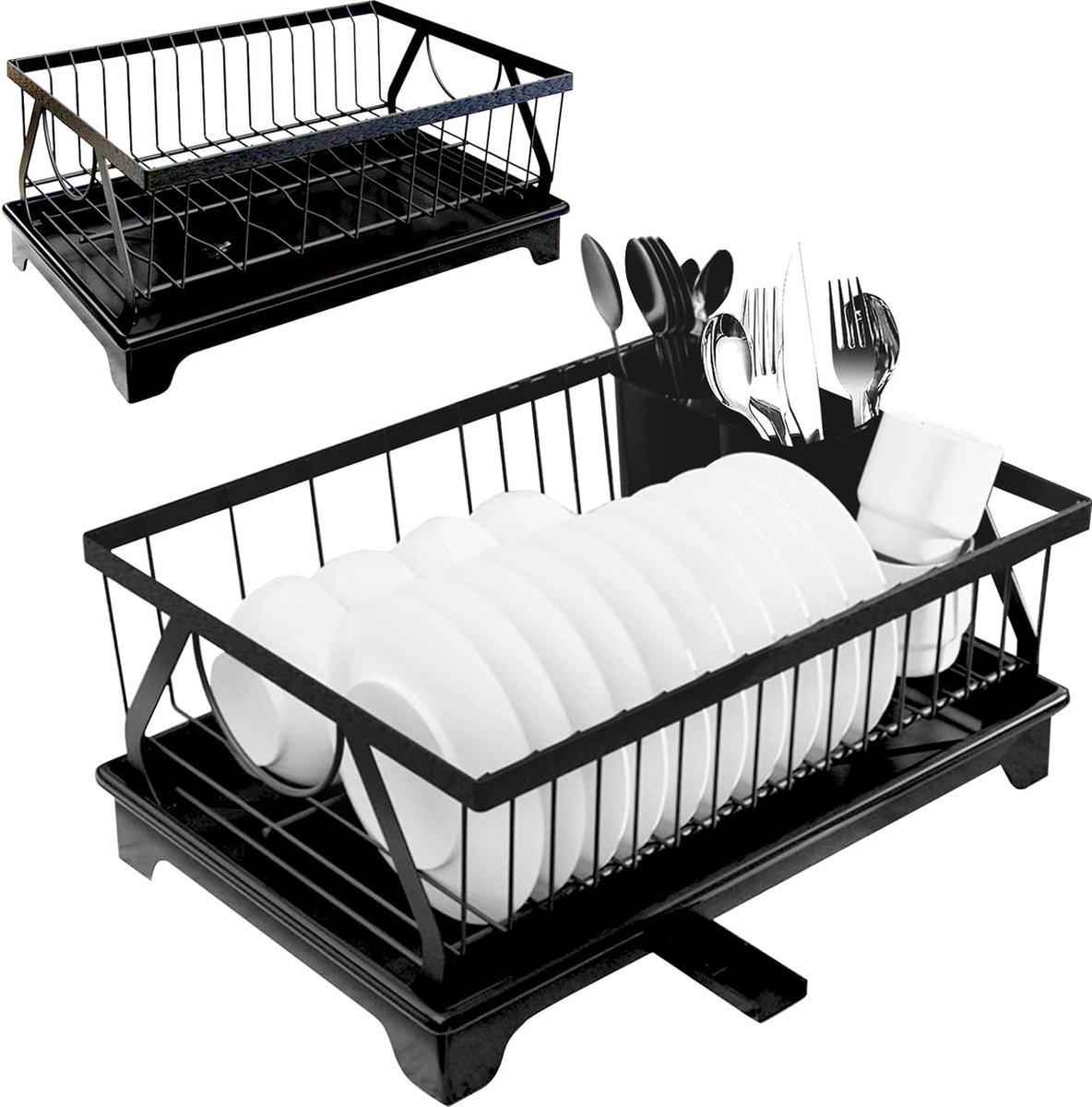 Goedkoopste Afdruiprek, zwart, afdruiprek, met bestekhouder en afdruipbak, van plastic, afdroogrek, lekbak voor borden, kopjes, bestek, 40 x 24,5 x 17,5 cm