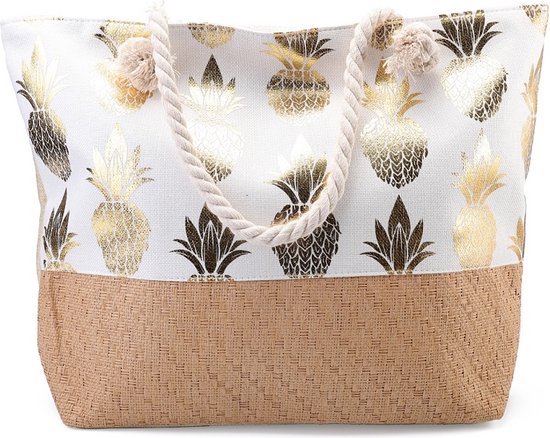 Een vrolijke strandtas met een print van een ananas (55x35cm) gevoerd en afsluitbaar met een rits aan de binnenkant. Een handige tas om veel in mee te kunnen nemen. Afgewerkt met twee handvaten van gedraaid touw. Voor uzelf of als Cadeau.