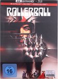 Filmaffiche 'Rollerball' met een speler met helm en spikes.