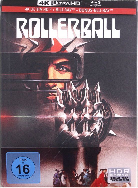 Filmaffiche 'Rollerball' met een speler met helm en spikes.