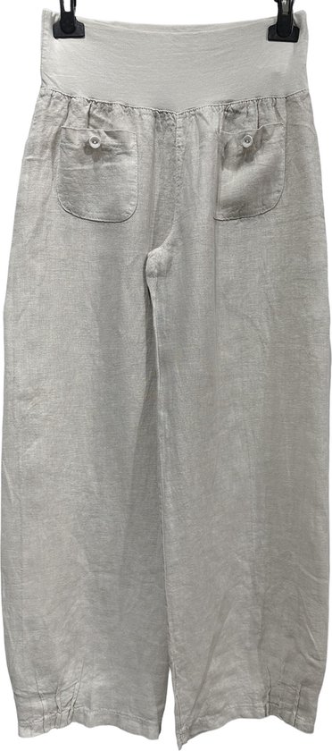 Linnen broek met brede elastische talie - steekzakjes - rechte pijpen - kleur BEIGE - maat 40/42