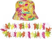Tropische Hawaii party verkleedset - bucket hoedje - bloemenslinger kleurenmix - volwassenen - summer - beach vibes - tropical