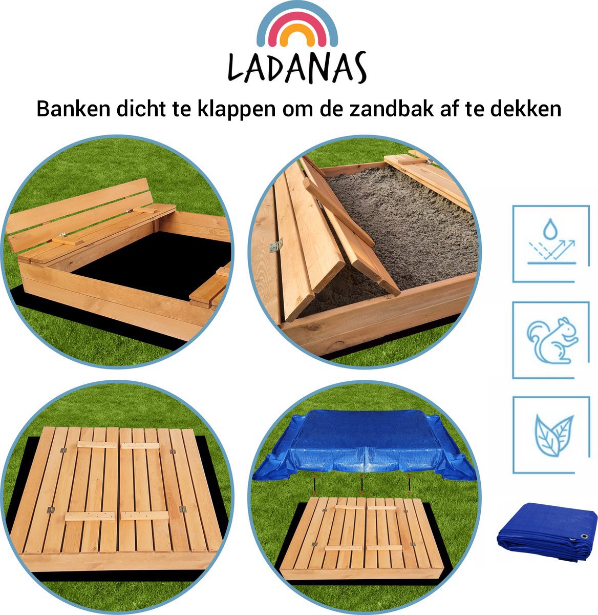 Afsluitbare XL Zandbak met Dak 140x140 cm – Gecertificeerd & Geïmpregneerd Hout | Incl. AFDEKZEIL, GRONDDOEK & Montagevideo | Voor 2-3 Kinderen | Grijs — afbeelding 9