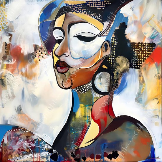 JJ-Art (Aluminium) 60x60 | Donkere Afrikaanse vrouw, portret, abstract, kleurrijk, Picasso stijl, kunst | mens, gezicht, Afrika, rood, blauw, geel, groen, vierkant, modern | foto-schilderij op dibond, metaal wanddecoratie