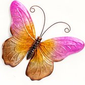 Anna Collection Wanddecoratie vlinders - 2x - oranje/roze - 44 x 32 cm - metaal - muurdecoratie - tuin beelden van dieren