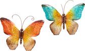 Anna Collection Wanddecoratie vlinders - 2x - blauw/oranje - 32 x 24 cm - metaal - muurdecoratie - tuin beelden van dieren