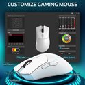 Witte gamingmuis met software-interface, "CUSTOMIZE GAMING MOUSE" en aanduiding van knoppen en functies.