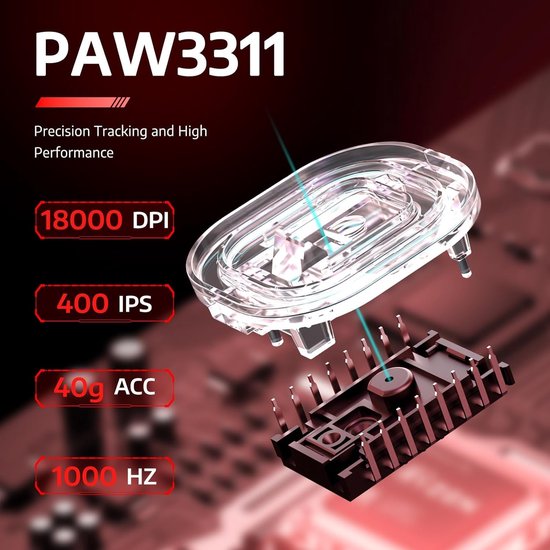 Componenten van de PAW3311 sensor met specificaties: 18000 DPI, 400 IPS, 40g ACC, 1000 Hz.