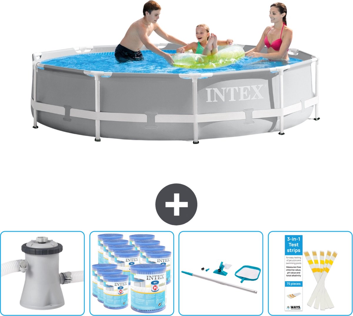 Intex Rond Prism Frame Zwembad – 305 x 76 cm – Grijs – Inclusief Pomp Filters – Schoonmaakset – Testrips