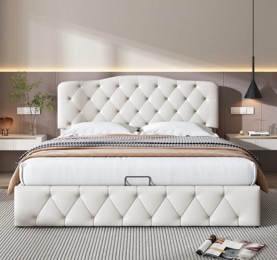 Gestoffeerd bed, Tweepersoonsbed, Hydraulisch functioneel bed, Hoofdbord in hoogte verstelbaar, Lychee-patroon, Synthetisch leer, 140 x 200