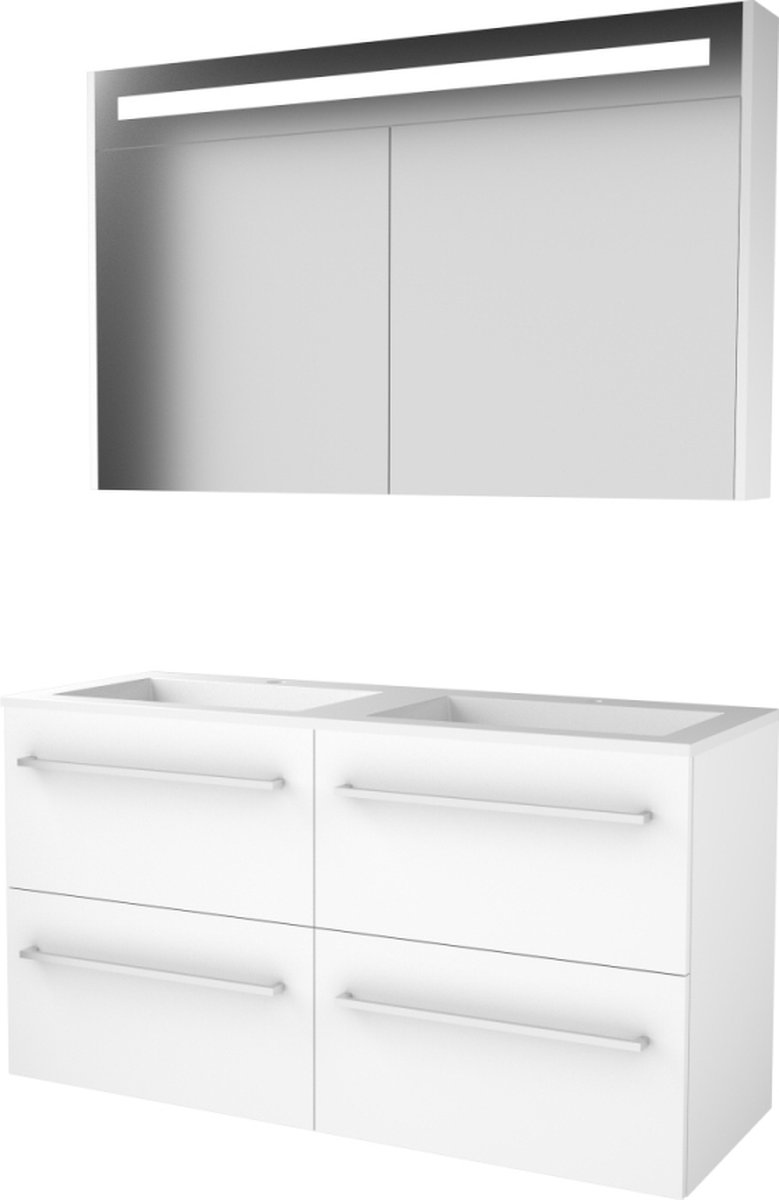 Basic Premium 46 badmeubelset met spiegelkast met geïntegreerde LED verlichting, wastafelonderkast met grepen, 4 lades en acryl wastafel met 2