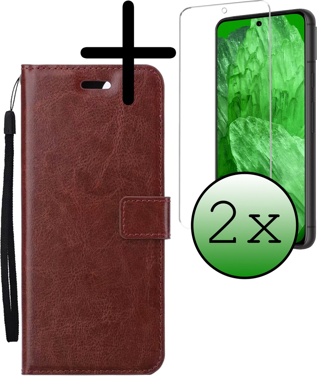 Hoesje Met 2x Screenprotector - Geschikt voor Google Pixel 8a - Luxe Pasjeshouder - Bookcase Portemonee - Flip Case - Kunstleer Book Case - Flipcase Hoes - Book Cover - Walletcase - Portemonneehoes - Bruin