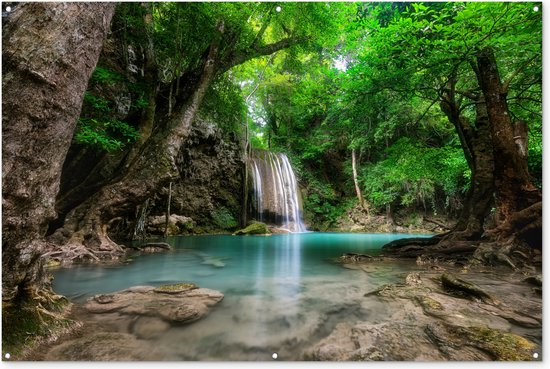 Muurdecoratie Jungle - Waterval - Planten - Water - Natuur - 180x120 cm - Tuinposter - Tuindoek - Buitenposter