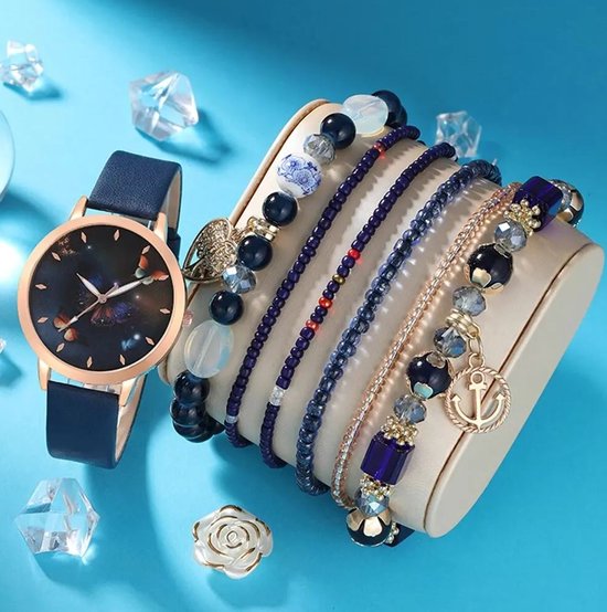 Horloge donkerblauw + 6 armbandjes