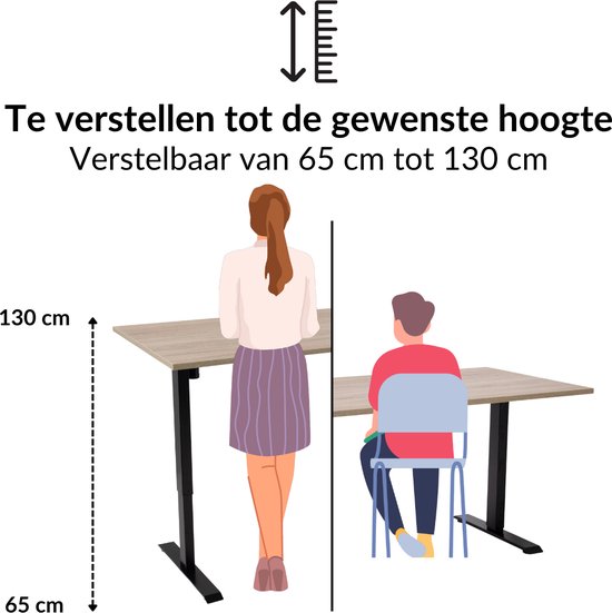 Zit-sta bureau elektrisch verstelbaar - MRC PRO NEN-EN 527 | 180 x 80 cm - frame zwart - midden eiken | Memory functie met USB | 150kg draagvermogen