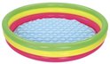 Opblaasbaar zwembad met drie gekleurde ringen: groen, geel en roze. Met lichtblauwe bodem.