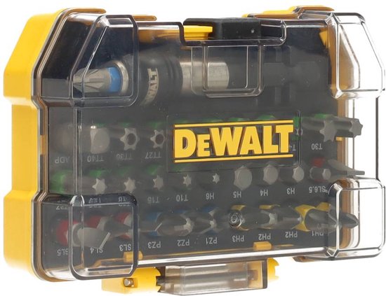 Gele DeWalt bitset in doorzichtige kunststof cassette met scharnierend deksel. De bits zijn georganiseerd in een zwarte houder.