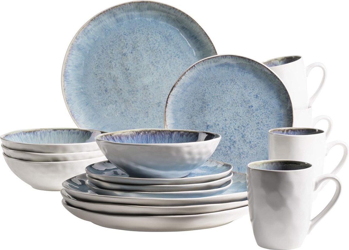 Serviesset organische vormen blauw keramiek 4 personen 16-delig gespikkeld aardewerk