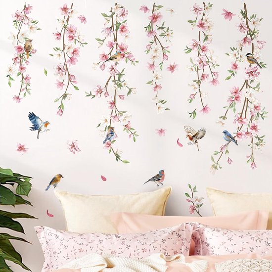 Foto: Decalmile hangende bloem wijnstok muurstickers roze bloemen bladeren vogelwereld muurtattoo meisje kamer slaapkamer woonkamer tv achtergrond wanddecoratie