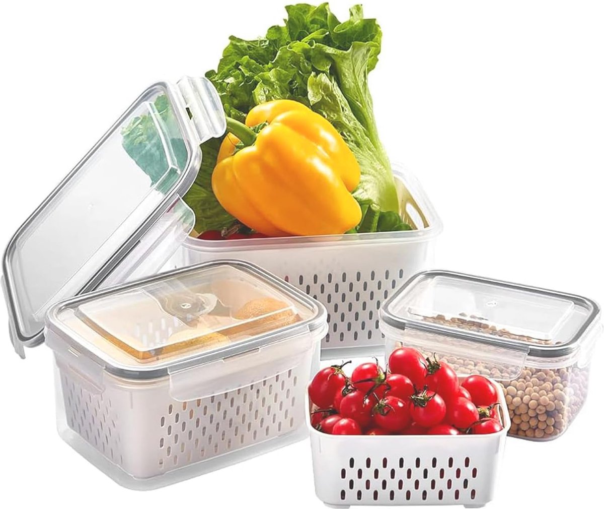 Set van 3 voedselopslagcontainers Fruit Groente Koelkast Organiseerset, 3,3 L + 1,75 L + 0,85 L Voorraadpotten met deksel met zeef BPA-vrije opbergdoos Keuken