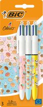 BIC Stylos à bille Decor 4 couleurs, série Cute Food - Différents motifs alimentaires mignons - Set de 3 pièces - Pointe Medium 1 mm