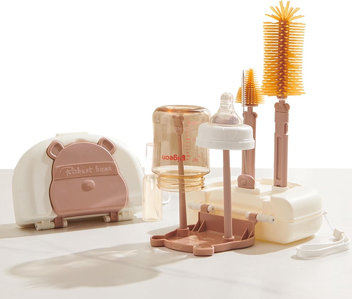 Goedkoopste Babyflessenborstelset, 7-in-1 siliconen babyflessenborstel, speenborstel, rietjesreiniger, droogrek voor babyflessen, zeepdispenser voor flessen en opbergkoffers, BPA-vrij (koffie