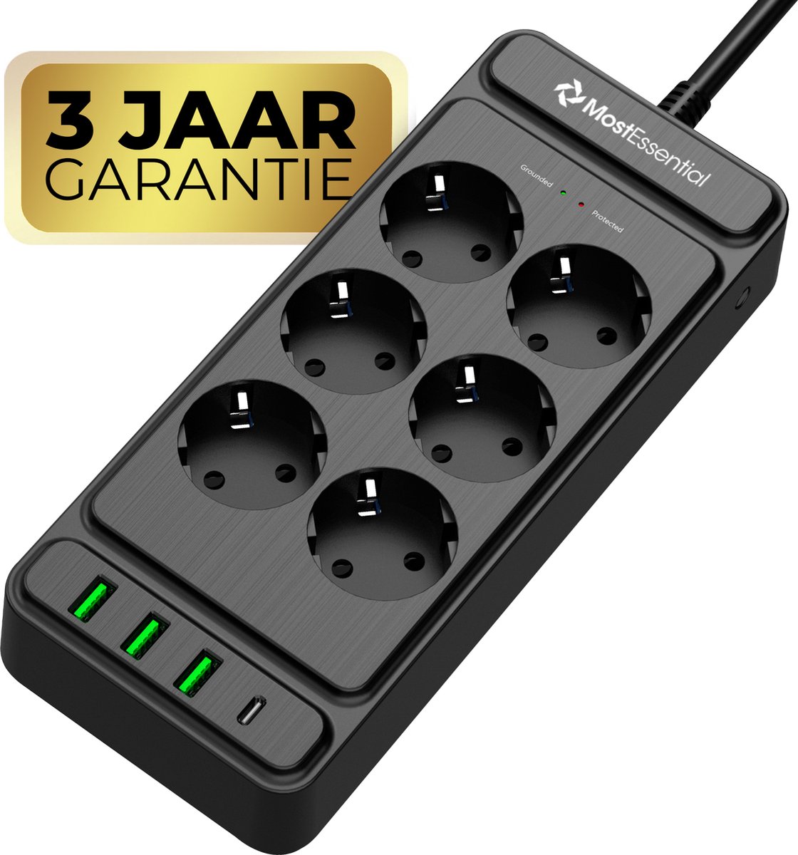 USB stekkerdoos met vier stopcontacten en vijf USB-laadpoorten - 4000W - Incl. aan/uit schakelaar - Zwart