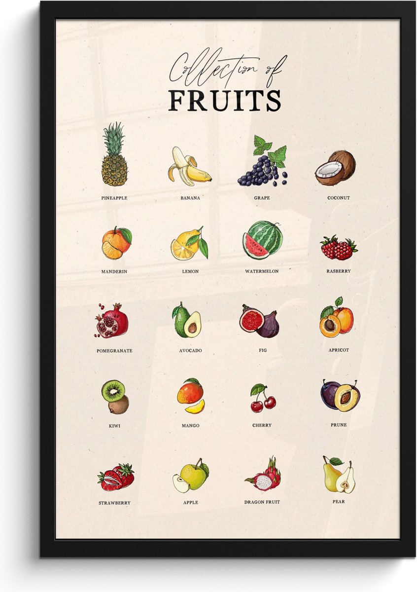 FrameYourWall Fotolijst inclusief poster - Posterlijst 40x60 cm - Posters - Fruit soorten - Kleurrijk - Eten - Vintage - Foto in lijst - Keuken decoratie muur - Wanddecoratie accessoires - Muurdecoratie - Schilderijen fruit - overzicht