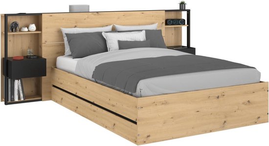 Bed met opbergruimte 140 x 190 cm met nachtkastjes - Kleur: houtlook en zwart - LUDARO L 255.1 cm x H 102.6 cm x D 235.7 cm