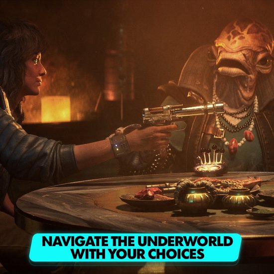 Een vrouw met een blaster richt op een visachtig wezen aan de overkant van een tafel. Eten staat op tafel.