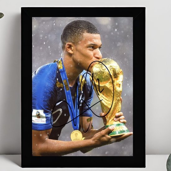 Autographe encadré de Kylian Mbappé – 15 x 10 cm dans un cadre Zwart Classique – Signature imprimée – Paris Saint Germain - PSG - Voetbal - Football - Coupe du Monde - Coupe du Monde