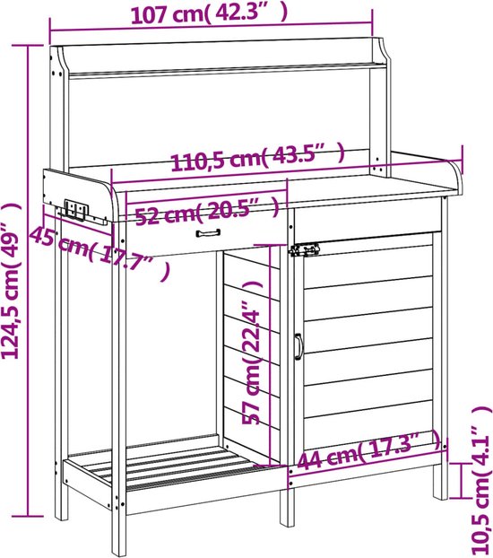vidaXL Table de rempotage - Tables de remportage - Table de travail de jardin - Table de rempotage - Table de rempotage avec armoire 110,5 x 45 x 124,5 cm Pin massif gris
