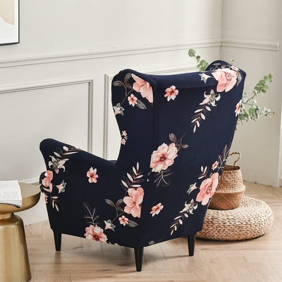 Foto: Wingback stoelhoezen 2 delige stretch vleugelstoel hoes wasbare spandex stof bankhoes meubelbeschermer voor fauteuil stoelen woonkamer slaapkamer hotel geurig bloemenblauw 